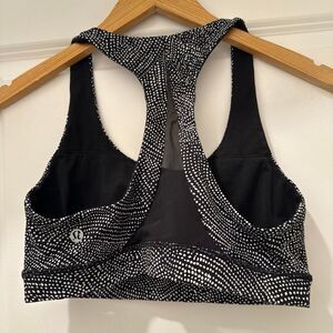 Lululemon Invigorate Long Line Sports Bra in a black and white "Night View" prin